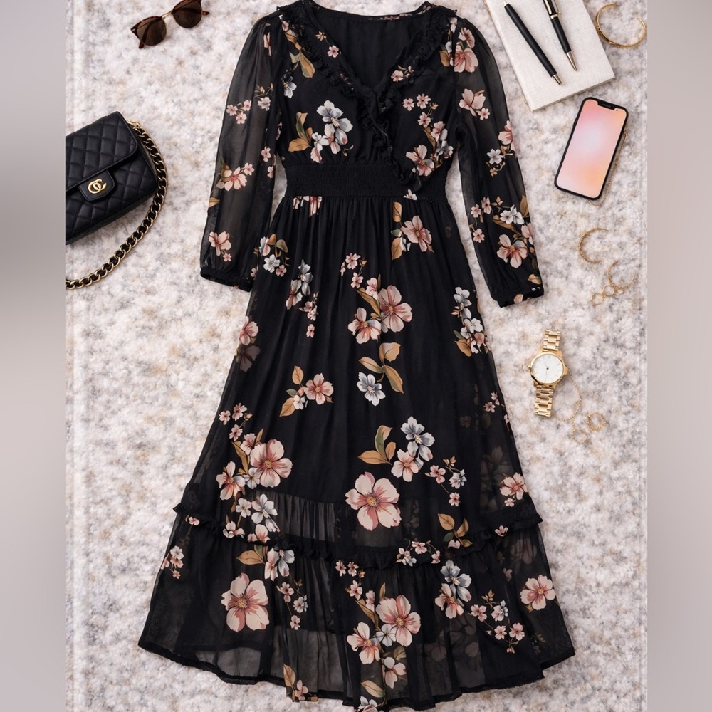 NY Collection Petite Black Floral Mesh Maxi Dress PM NWT Long Sleeve
